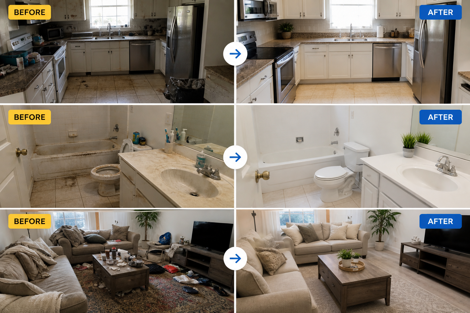 Before and after house cleaning results in Miami — kitchen, bathroom, and living room